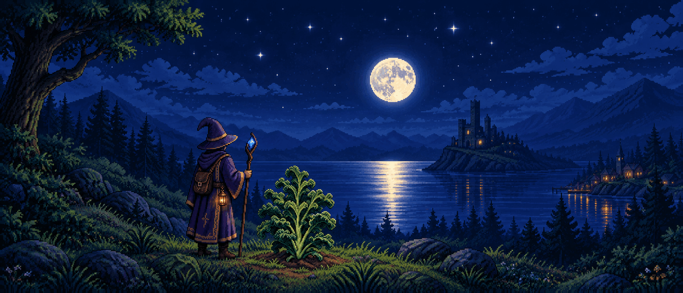 The Moonkale banner: a wizard tending a kale plant under a full moon