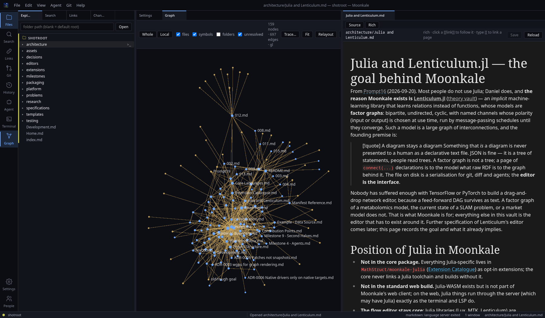 Moonkale on the desktop: activity bar, Explorer, the vault as a graph, a note in the rich editor